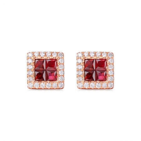 方形红宝石钻石耳钉-WithLove唯爱钻饰